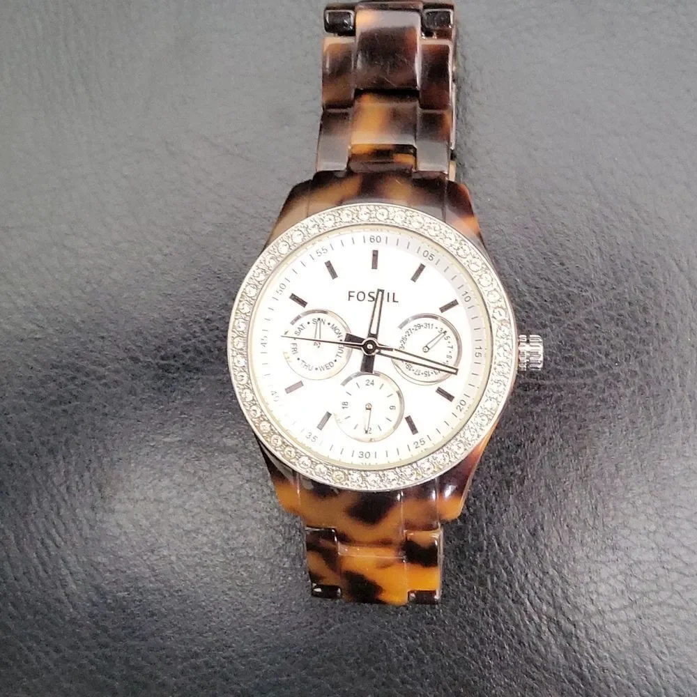 Women's FOSSIL Watch Rhinestone Tortoise Shell Band Model #112800 - Picture 2 of 4
